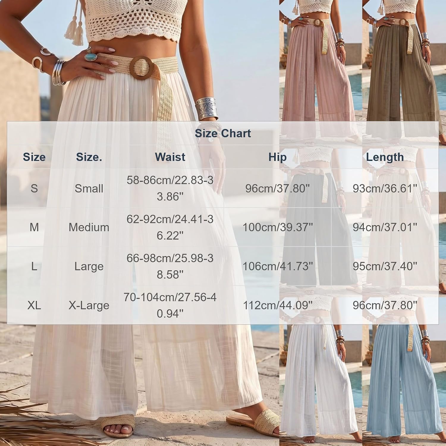 Womens Linen Wide Leg Pants Belted Elastic Waist Pleated Flowy Pants Lightweight Beach Vacation Palazzo Trousers