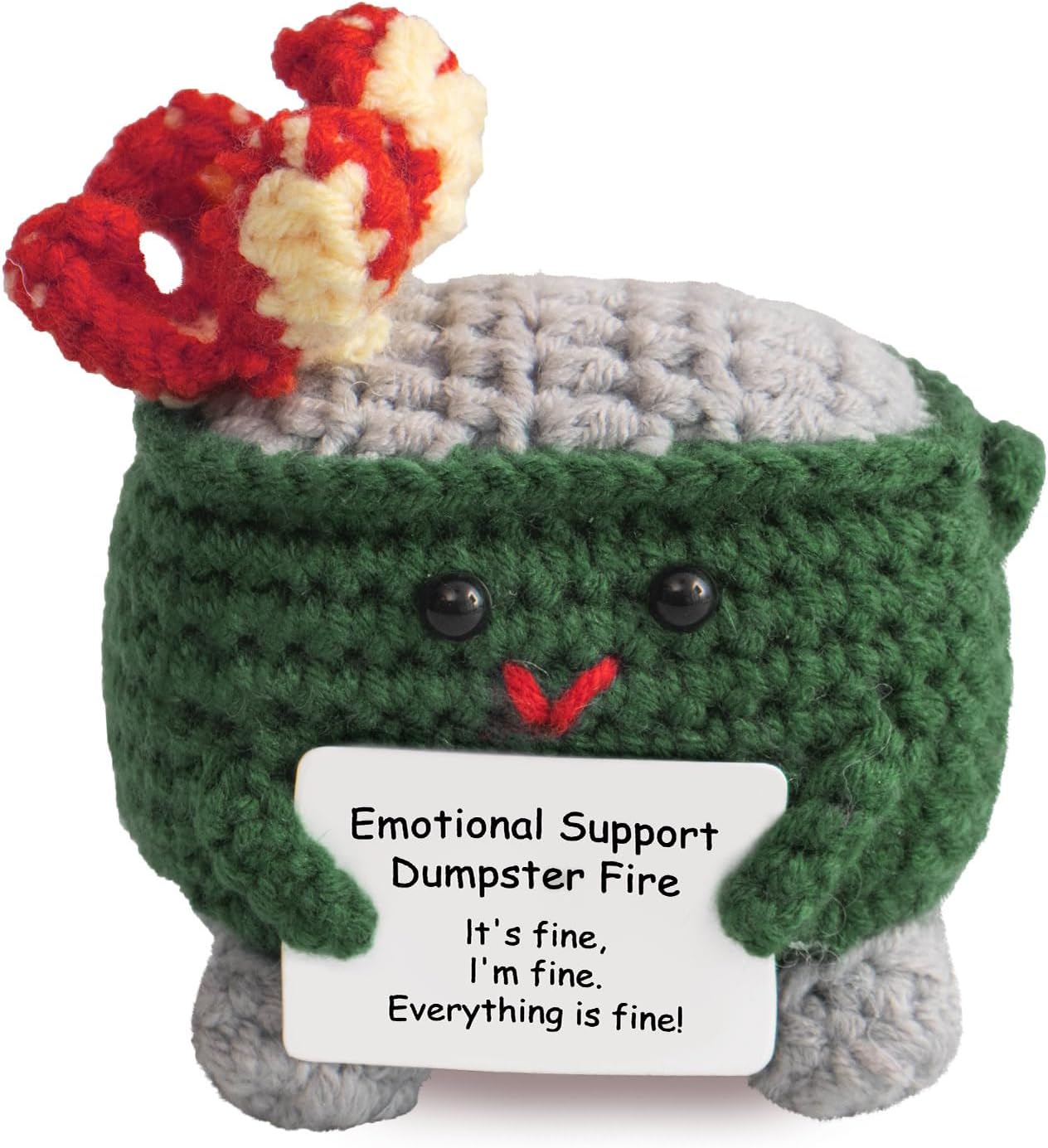 Handmade Emotional Support Crochet Dumpster Fire with Positive Card - Funny Desk Decor & Inspirational Gift for Women, Men, Coworkers (Green)