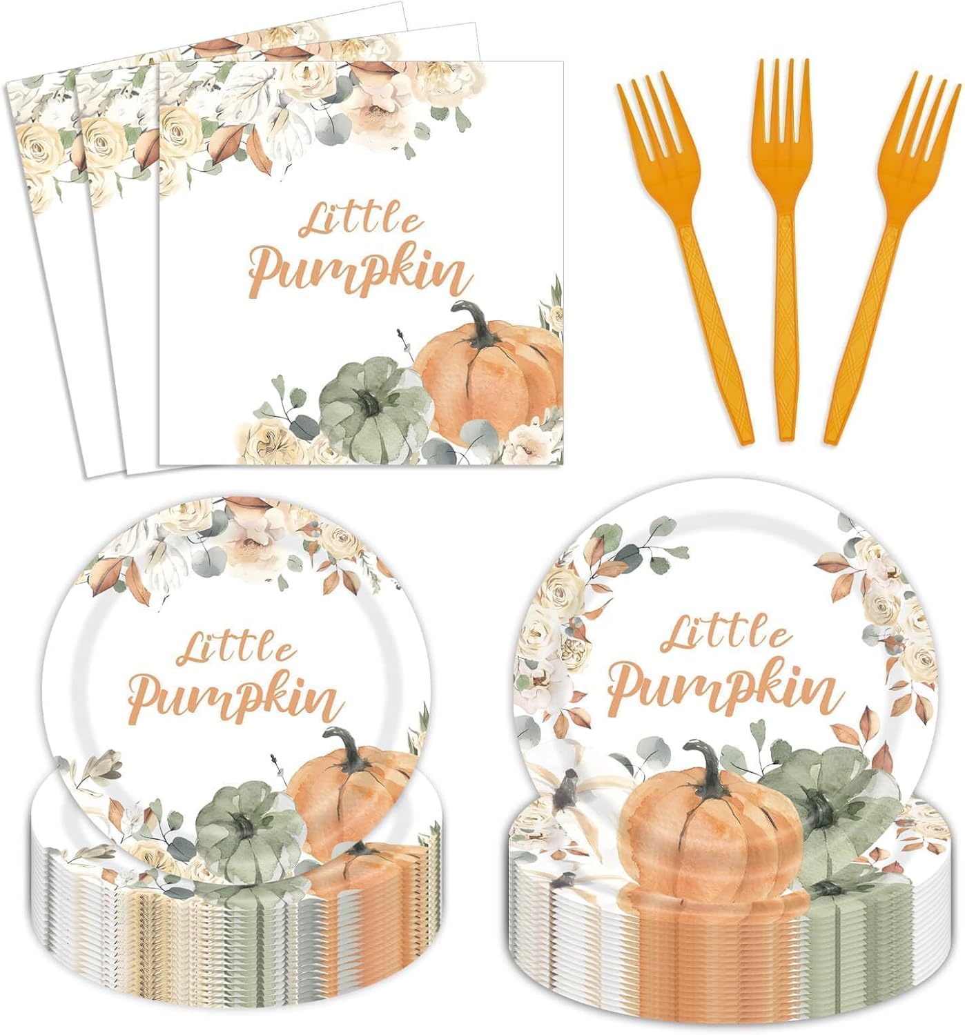 96 PCS Little Pumpkin Baby Shower Tableware Sets Party Decorations Fall Autumn Pumpkin Paper Plates Napkins Forks Pumpkin Floral Birthday Party Supplies for 24 Guests