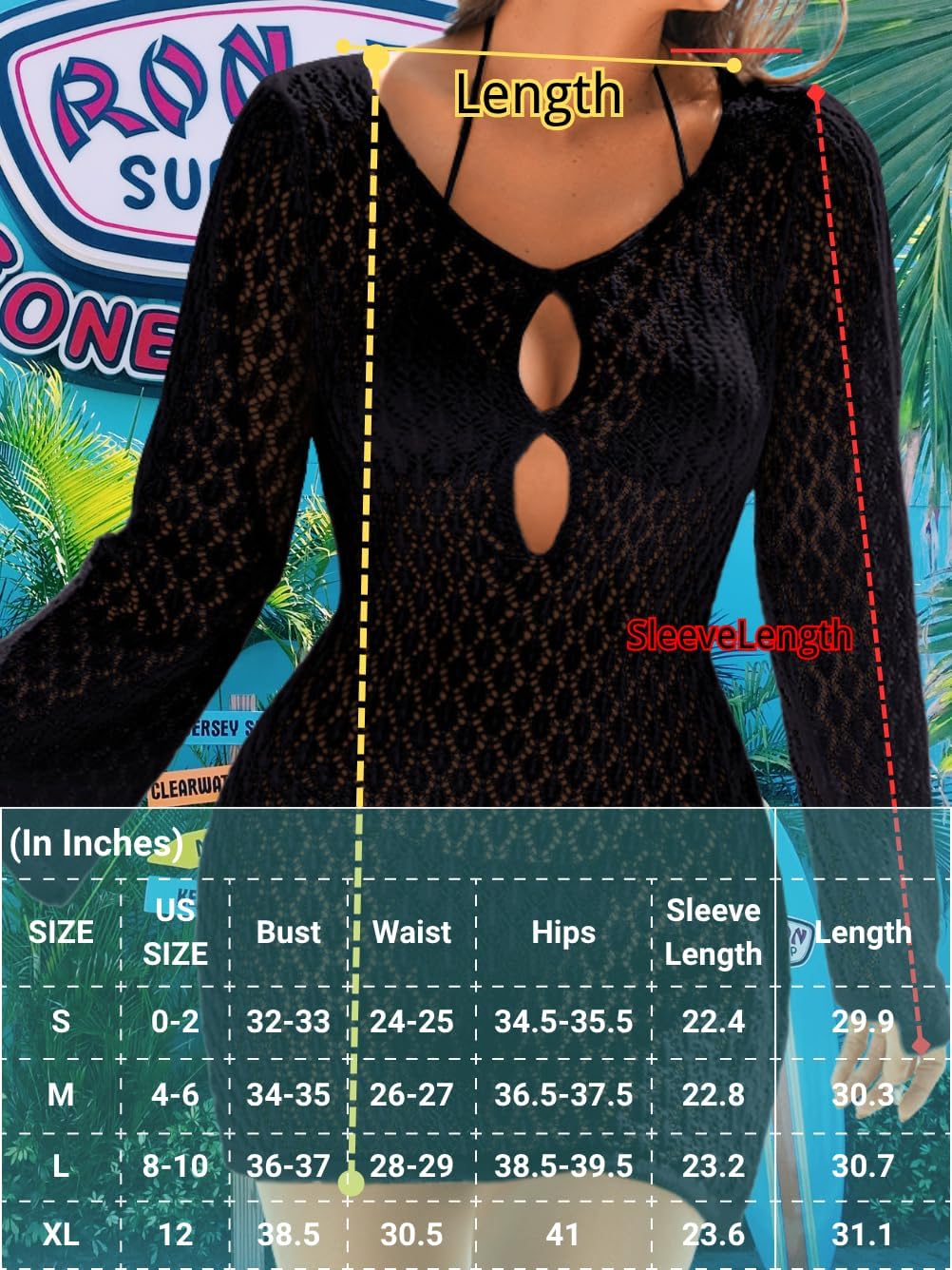 Women's Summer Crochet Swimsuit Cover-up, Boho Long Bell Sleeve Mini Dress, for Beach Vacation - Image 5