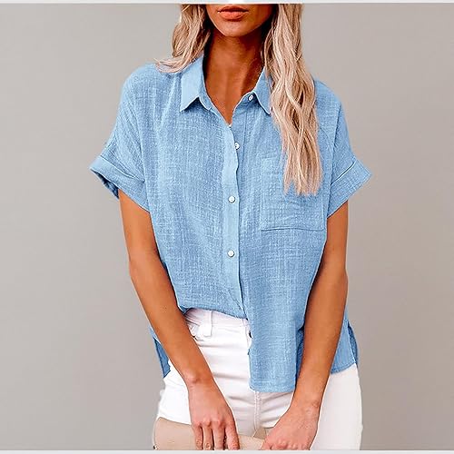 Miniatura 5 de SMIDOW Camisas de lino de algodón con botones para mujer, cuello en V, manga corta, enrollables, blusas de cuello holgado, blusas casuales de trabajo