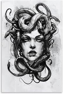Medusa - Decorative Wall Canvas, Greek Mythology, Snake Heads, Art Painting, Wall Decor, Aesthetics, Bläck And Whitë, Sketch, Portrait, Printed Poster, Living Room Artwork (3) 08x12inch(20x30cm)