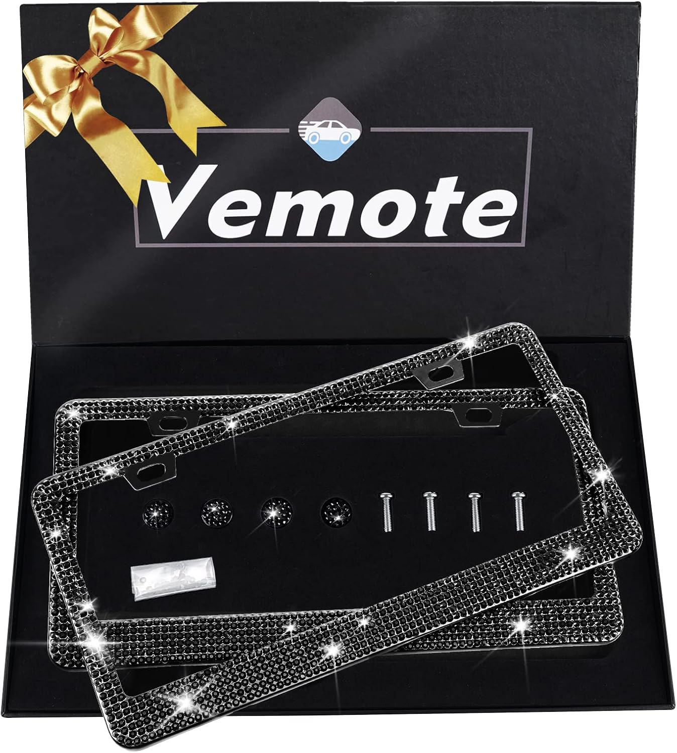 Black Bling License Plate Frame GiftBox, 2Pack Sparkly Rhinestone License Plate Frames Holder Handcrafted Glitter Diamond Stainless Steel License Plate Cover for Women,Girl,Party, Birthday, Christmas