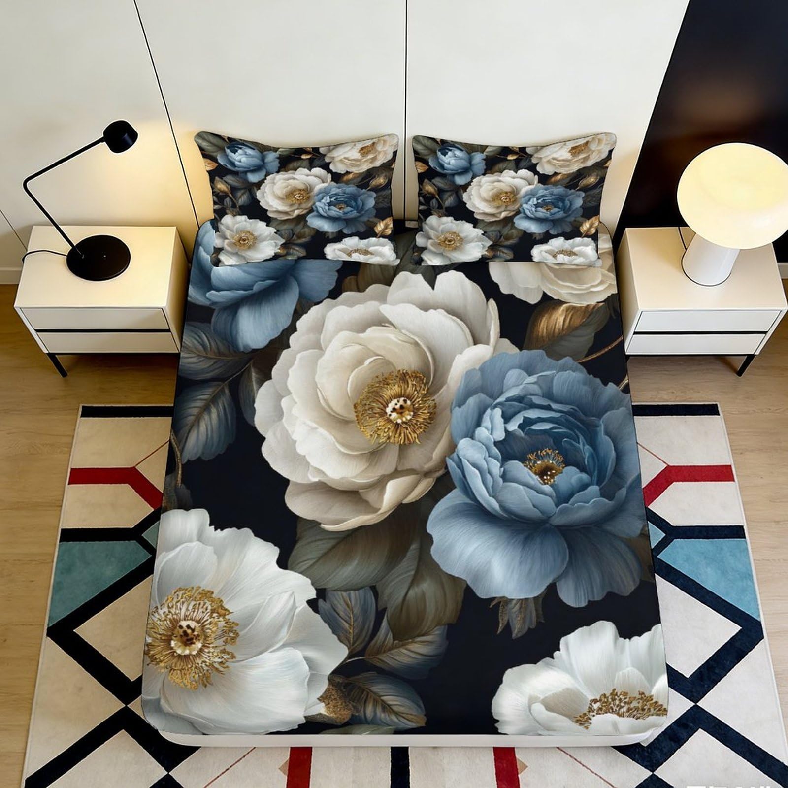 3D Printed Blue Peony Fitted Sheet Microfiber Floral Art Mattress Cover Cream Blossom Bed Decor 120x200cm 90x200x25cm