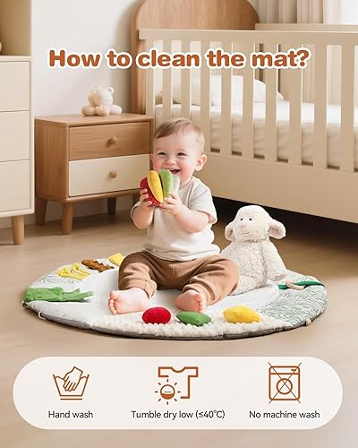 Miniatura 7 de Alfombra de juego de madera para el gimnasio y el tiempo boca abajo, tapete de actividad sensorial Montessori con 6 juguetes de desarrollo para