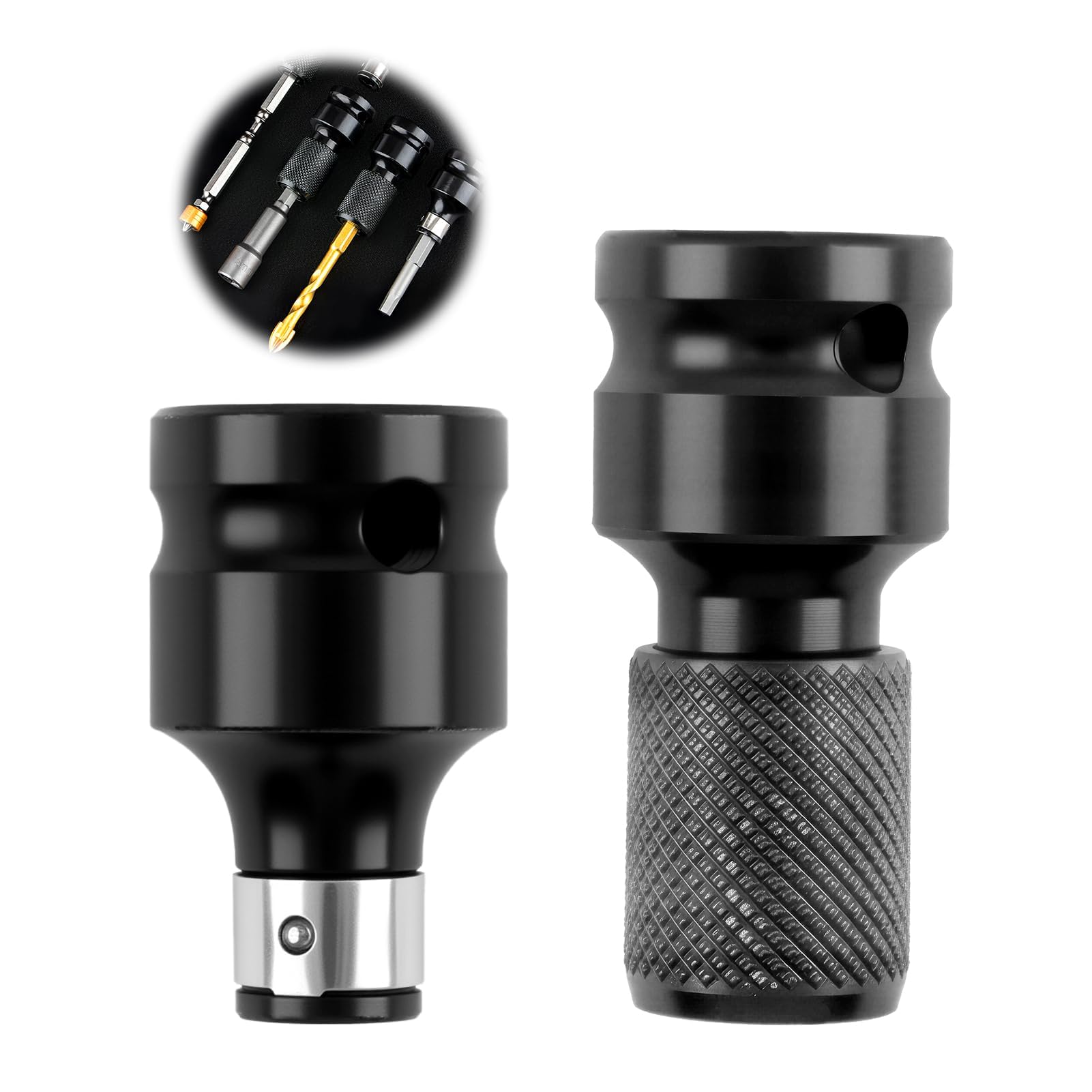 2 adattatori per avvitatore a percussione da 1/2 pollici a bit da 1/4 pollici, in acciaio al carbonio ad alta durezza, robusto adattatore per bussola con morsetto di sicurezza, adattatore