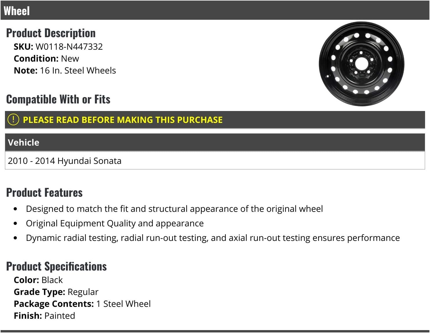 Steel Wheel - Black - 16 Inch - Compatible with 2010-2014 Hyundai Sonata