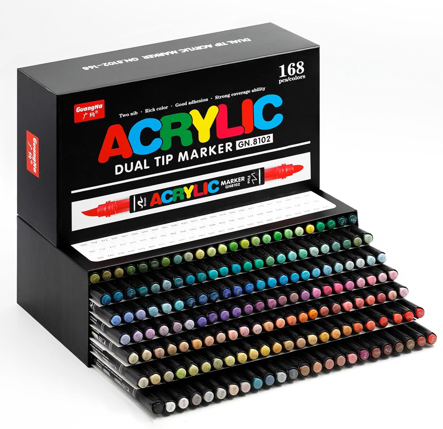 Guangna 168 Colors Acrylic Paint Markers, Dual Tip Paint Markers Pens with Soft Brush Tip, Multifunctional Fine Tip Markers for Wood,Canvas,Rock Painting, Glass, Diy Crafts Art Supplies, Waterproof