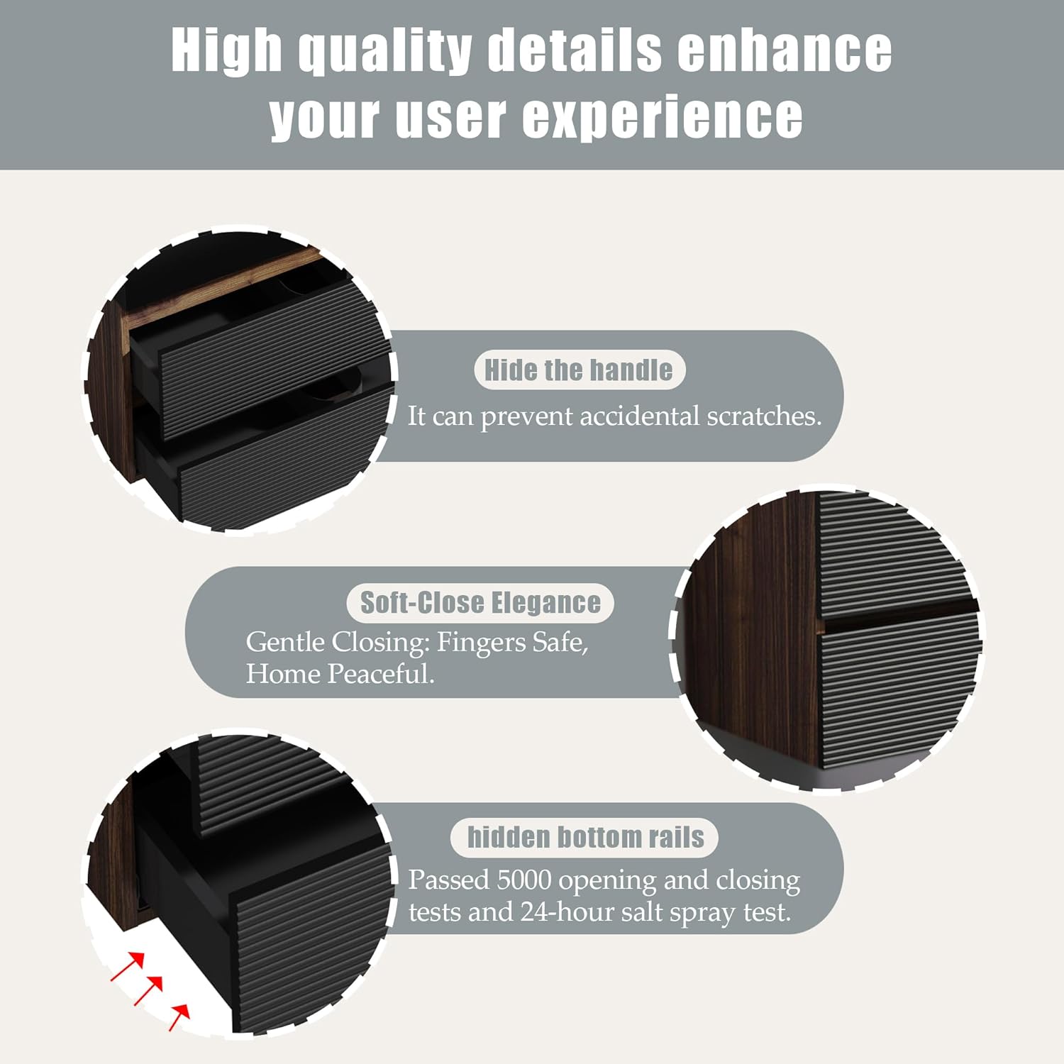 Grace 36 Inch Walnut Floating Bathroom Vanity with Sink | Wall Mounted Large Storage Modern Design One Piece Matt Black Quartz Sink Minimalist KD
