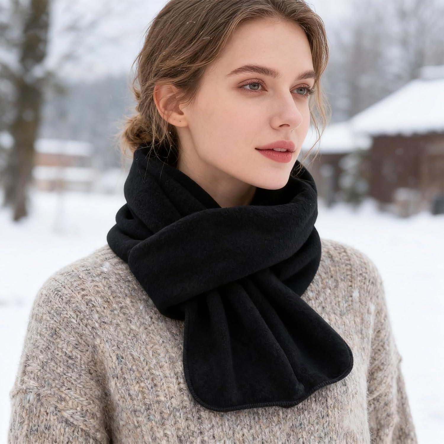 Winter Scarf for Women Men Fleece Scarf Solid Black Warm Neck Scarves Quick Wear for Cold Weather