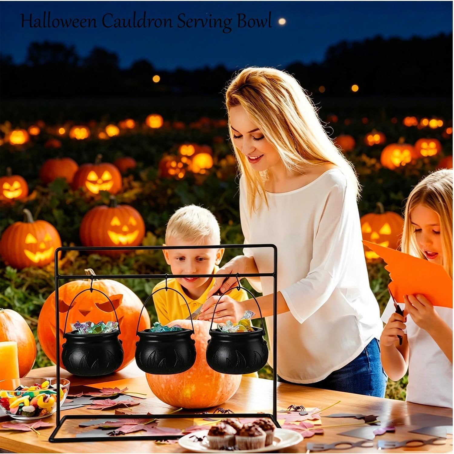 Halloween Cauldron Serving Bowl Set, 9 PCS Plastic Hanging Black Witch Cauldrons with Metal Rack, 3 Large & 6 Mini Candy Buckets for Halloween Party Table Decor, Spooky Witch Favor