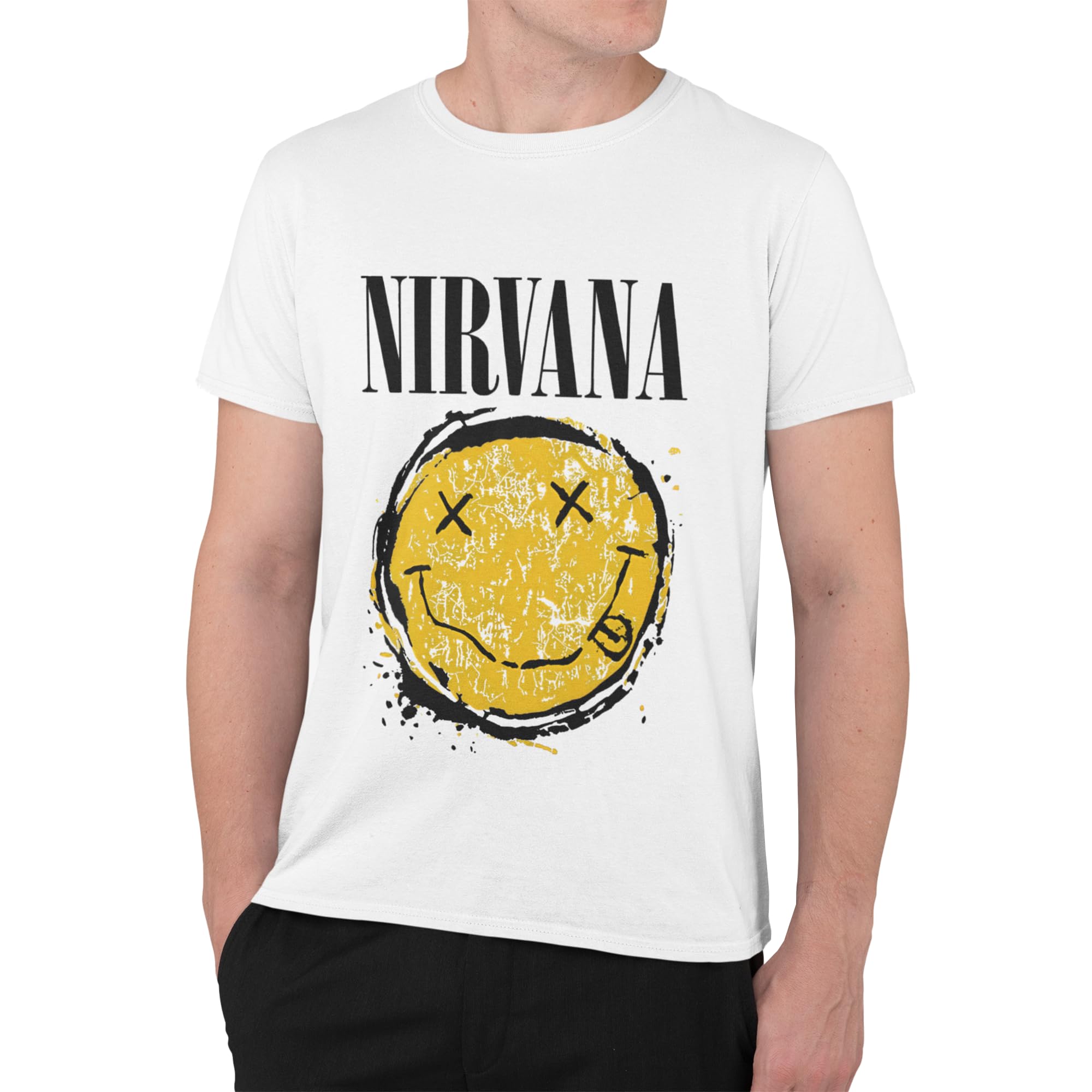 Nirvana Tshirt Smiley Design for Men | Premium Rock Band Apparel - White