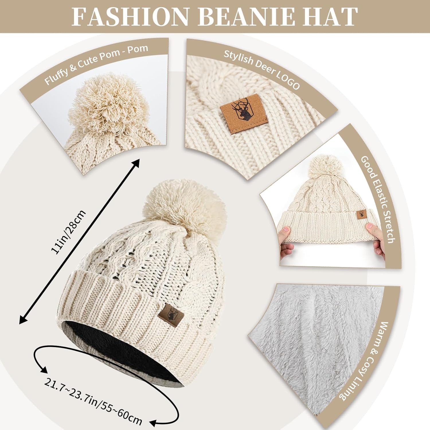 Womens Winter Warm Beanie Hat Touchscreen Gloves Lone Neck Scarf Set with Fleece Lined Pom Skull Cap Gift for Women 3PCS - Image 2