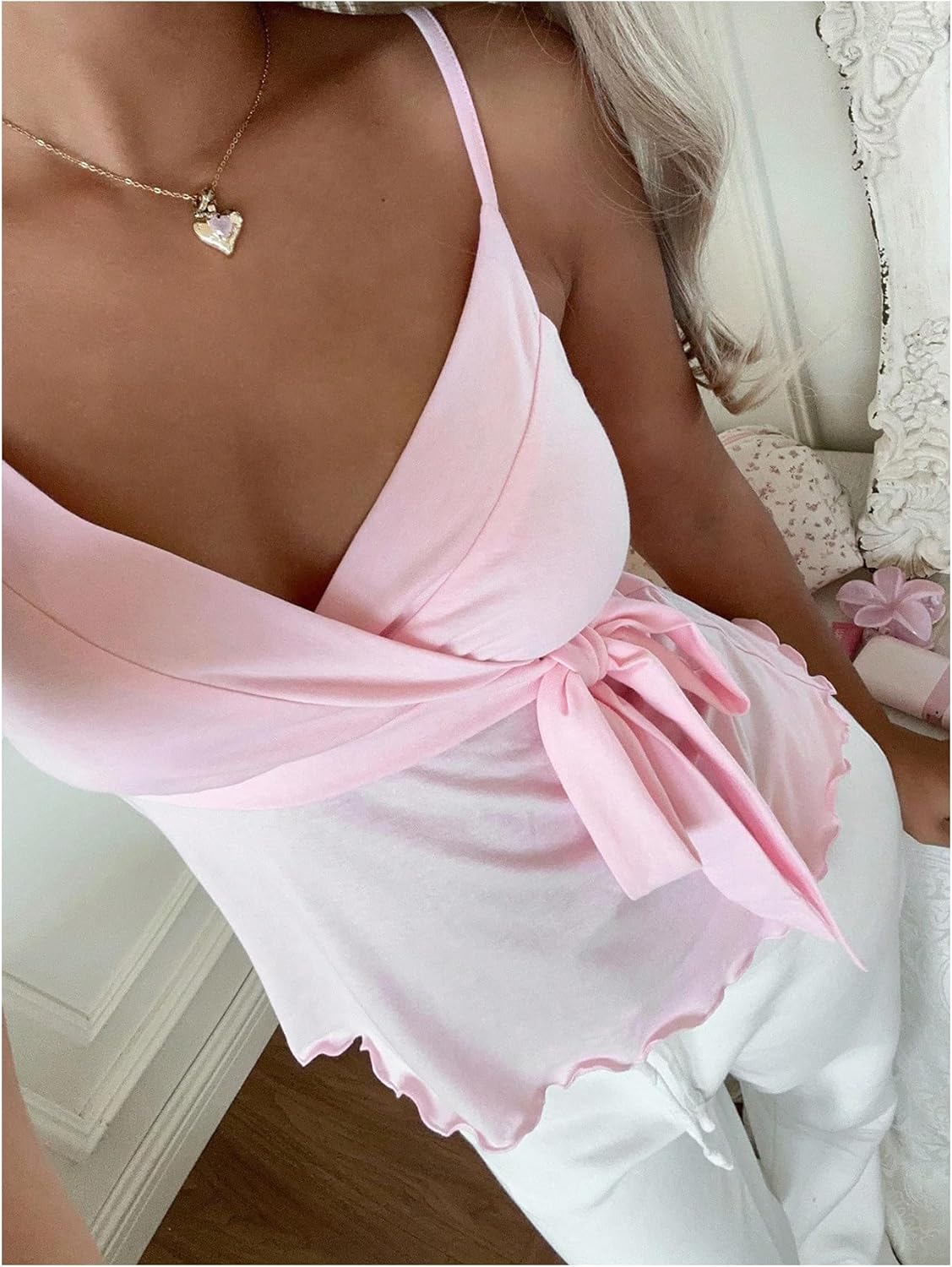 SOLY HUX Women's Babydoll Tops Sleeveless V Neck Peplum Crop Wrap Top Cute Summer Tie Front Camisole - Image 2