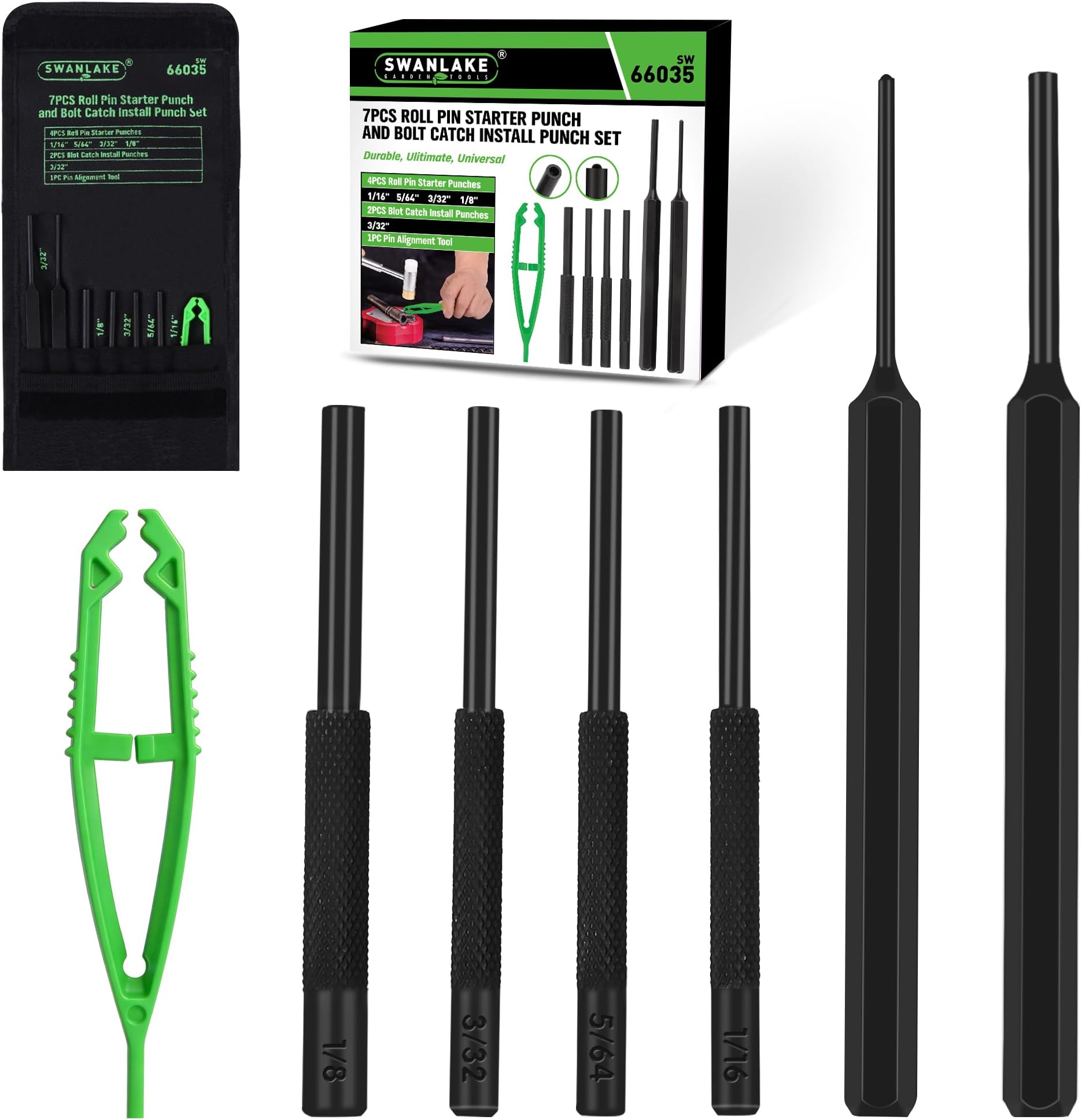 SWANLAKE GARDEN TOOLS 7PCS Roll Pin Starter Punch and Bolt Catch Install Punch Set, 1/16", 5/64", 3/32", 1/8"