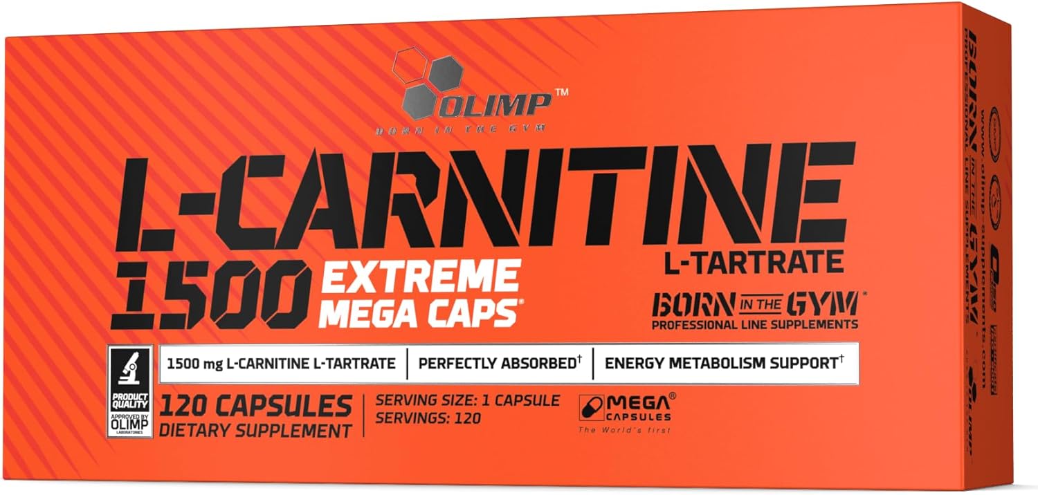 Olimp L-Carnitine 1500 Extreme Mega Caps – 1000mg Pure L-Carnitine Tartrate – Fat Metabolism & Energy Support – 120 Capsules – Promotes Focus Endurance & Workout Performance – Made in Europe