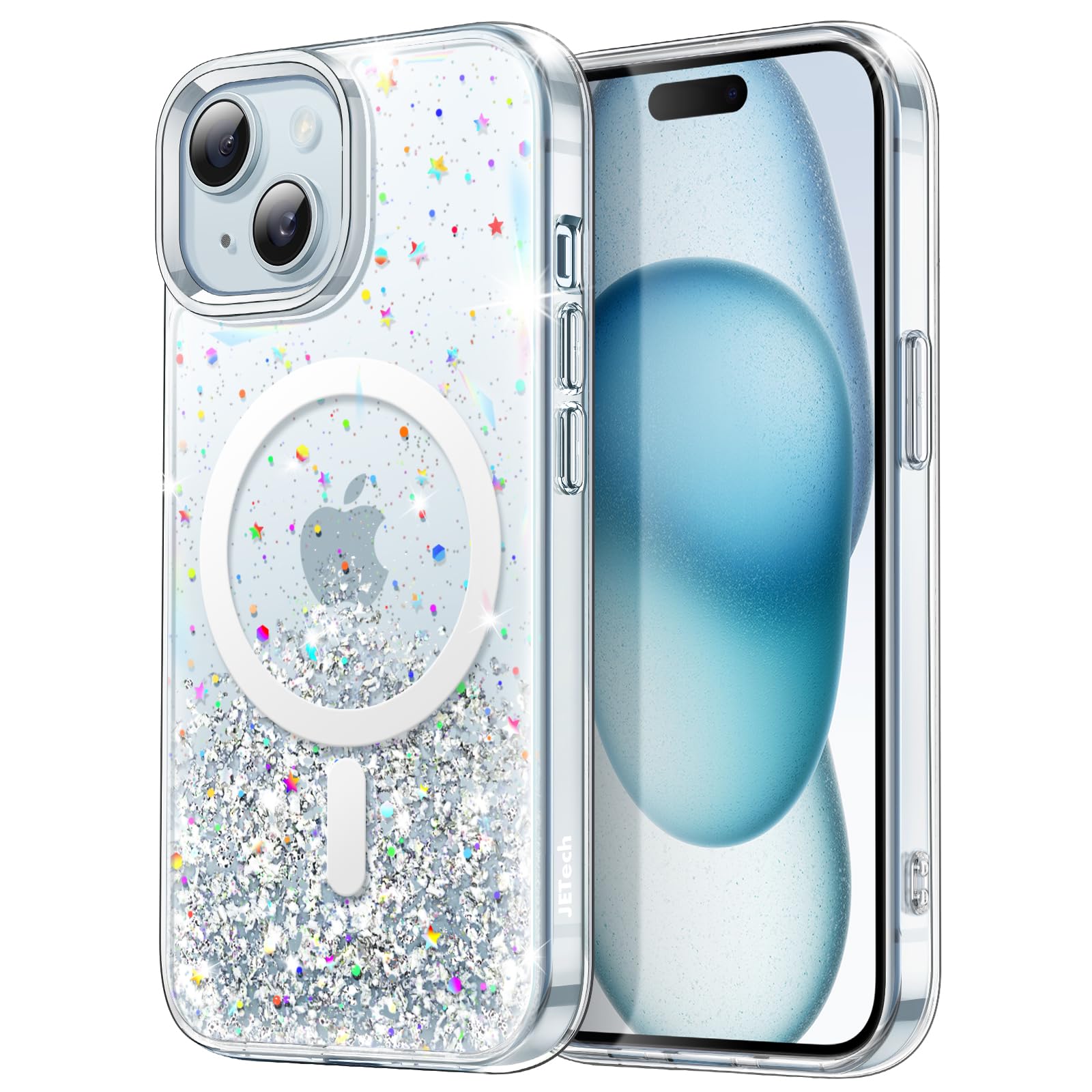 JETech Cover Glitter per iPhone 15 6,1 Pollici Compatibile con MagSafe, Trasparente Carino Bling Scintillante per Donne e Ragazze, Custodia Magnetica Antiurto Lucida (Trasparente)
