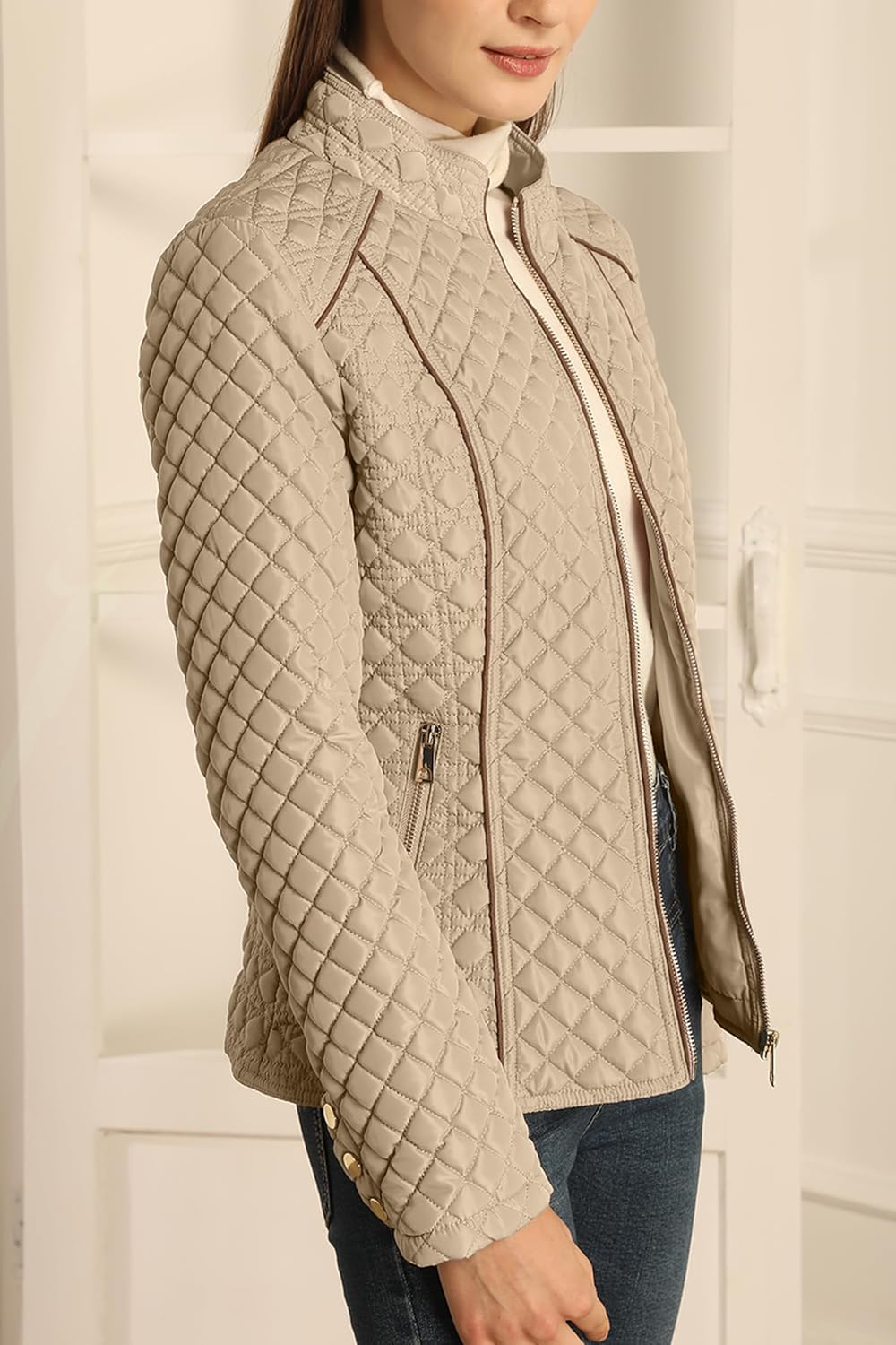 Bellivera Women's Stand Collar Lightweight Quilted Puffer Jacket Padded Zip Coat for Spring and Winter - Image 3