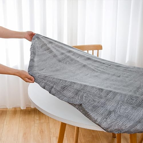 Miniatura 2 de LIBERECOO - Mantel redondo de vinilo ajustable con reverso de franela y borde elástico, impermeable y lavable, cubierta de plástico, madera gris