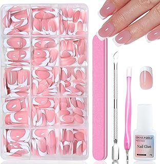 240 Stück Rosa French Künstliche Nägel zum aufkleben - Kurz Square Press on Nails Kunstnägel, Full Cover Soft Gel Fingernägel, mit Nagelkleber - 15 Größen Fake Nägeln für Frauen DIY Nageldesign