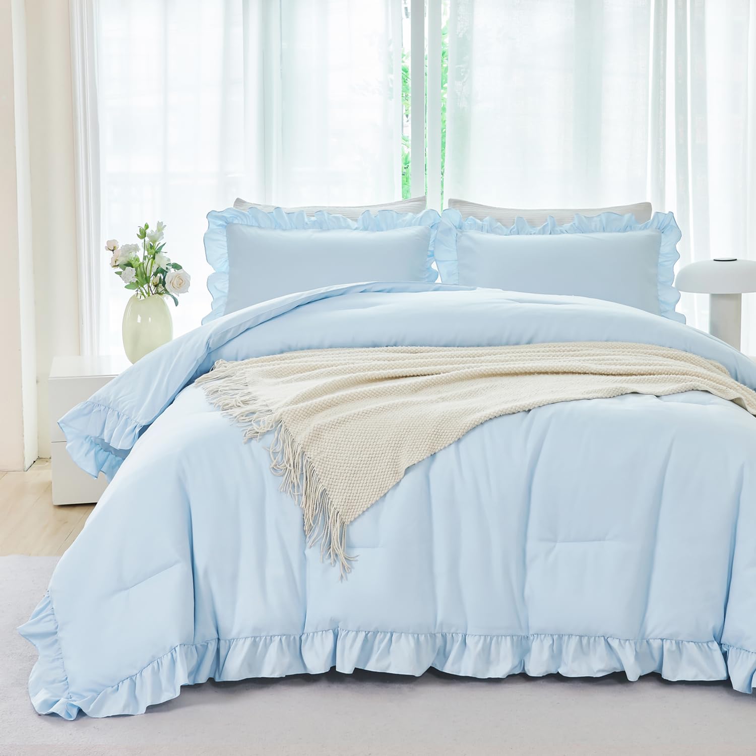 ANGIYUIN 5 Pieces Light Blue Full Bed in A Bag for Kids Girls Ruffle Bedding Sets Boho Comforter Set Vintage Farmhouse Bedding Comforter Sets with Sheets(Light Blue Full)