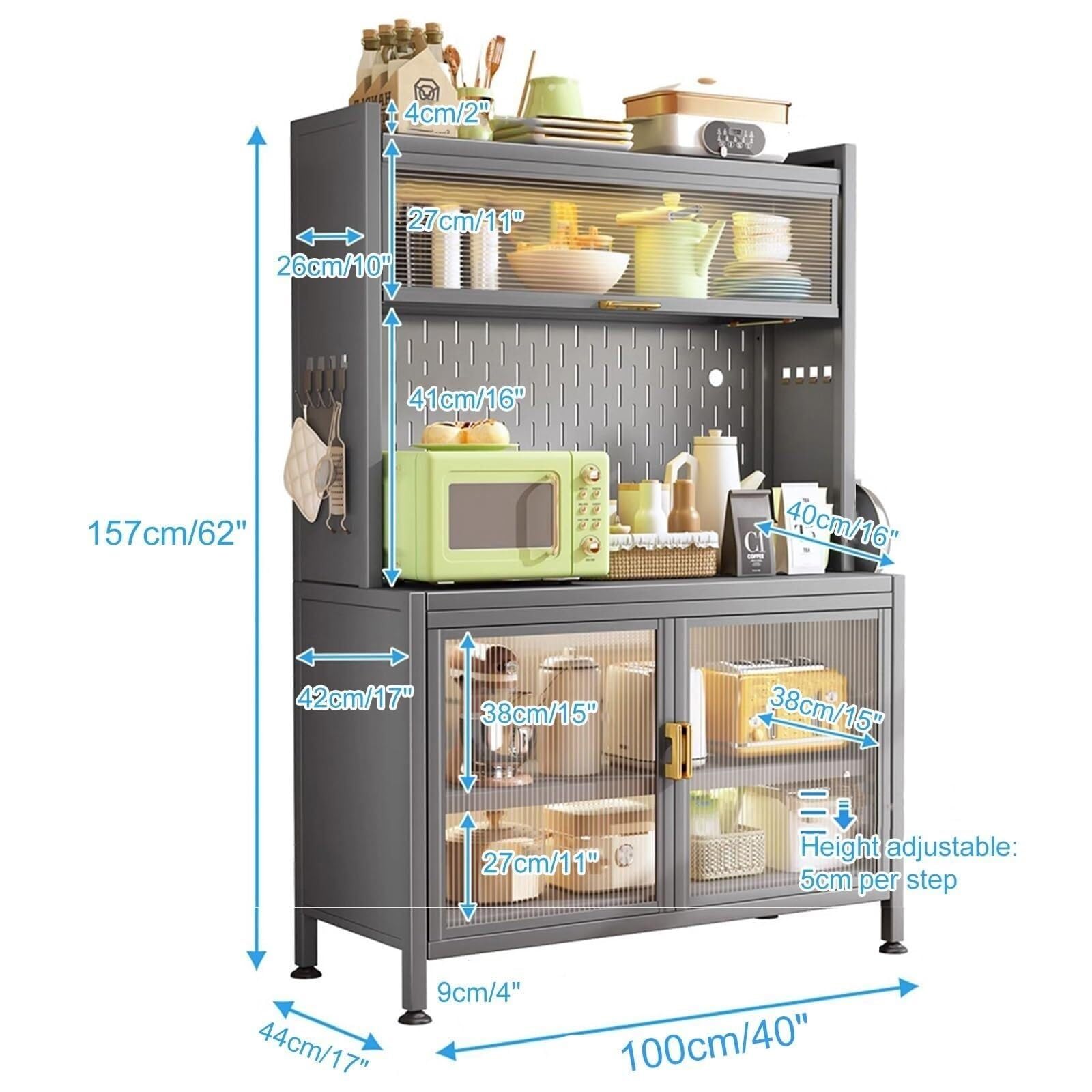 Scaffale da cucina regolabile a 5 ripiani con armadietto e pannello forato, salvaspazio, per cucina, garage e casa, multifunzionale, durevole ed elegante (80 x 44 x 157 cm)