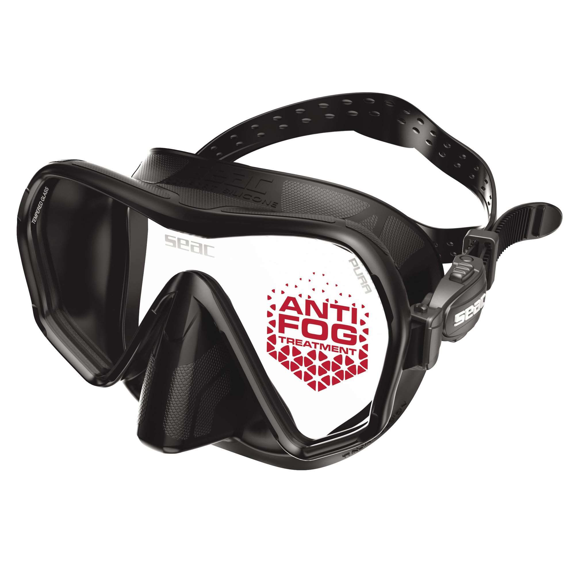 SEAC Pura – Frameless Single-Lens Silicone Diving Mask | Antifog Low Volume Mask for Diving and Snorkeling with 3D Buckle, Black