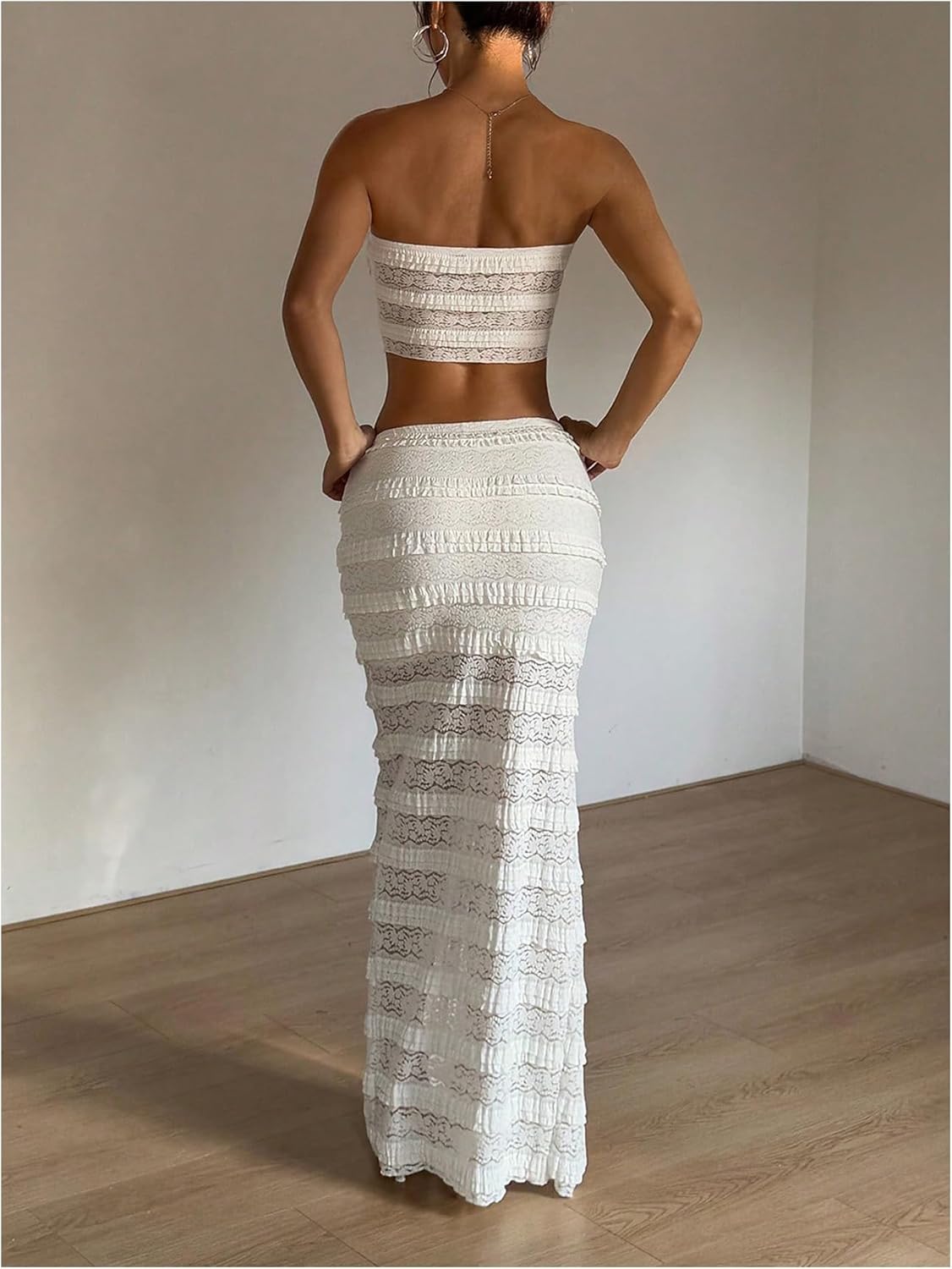 GORGLITTER Women's 2 Piece Maxi Skirt Set Floral Lace Strapless Tube Top Slit Thigh Bodycon Skirt Summer Vacation Outfit - Image 3