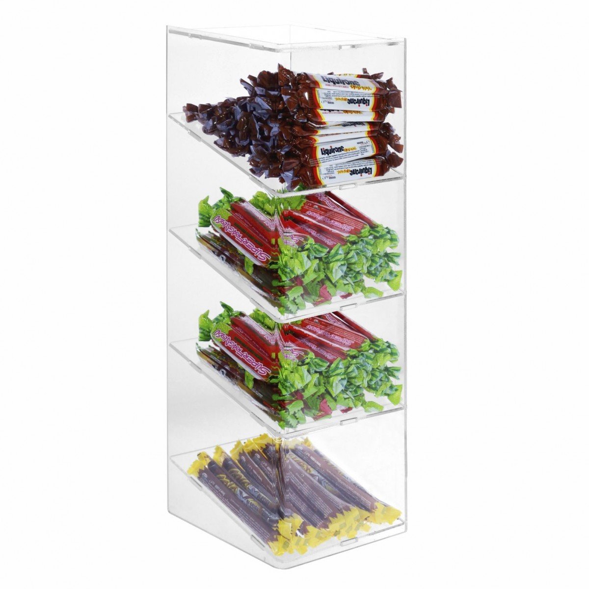 Porta caramelle confezionate in plexiglass trasparente a 4 ripiani Misure: 15x18x H48 cm