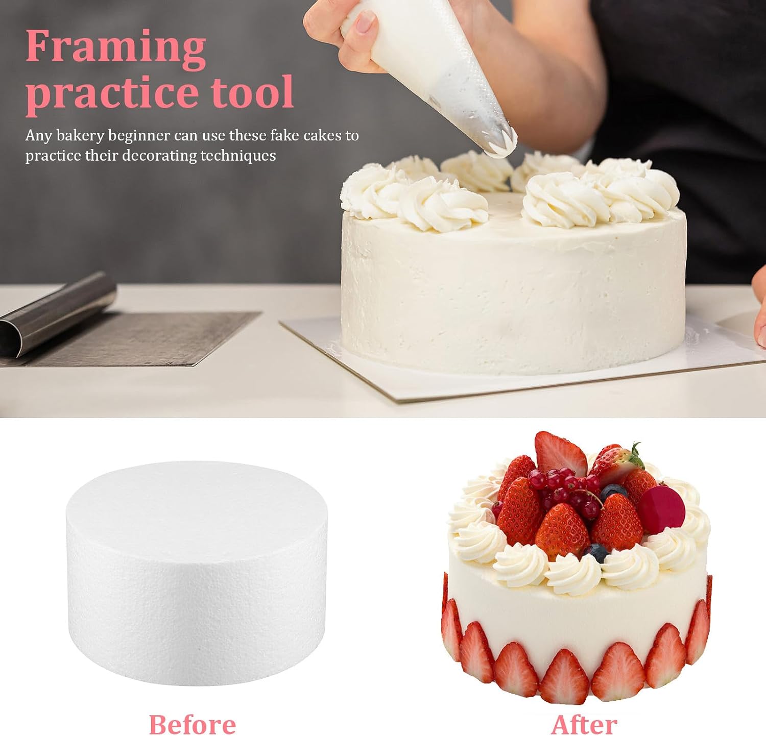Tofficu Cake Dummies Set Triple Tier 7.79 Inch Round Foam Cake Models Lightweight Fake Wedding Display Decorating Practice Tools