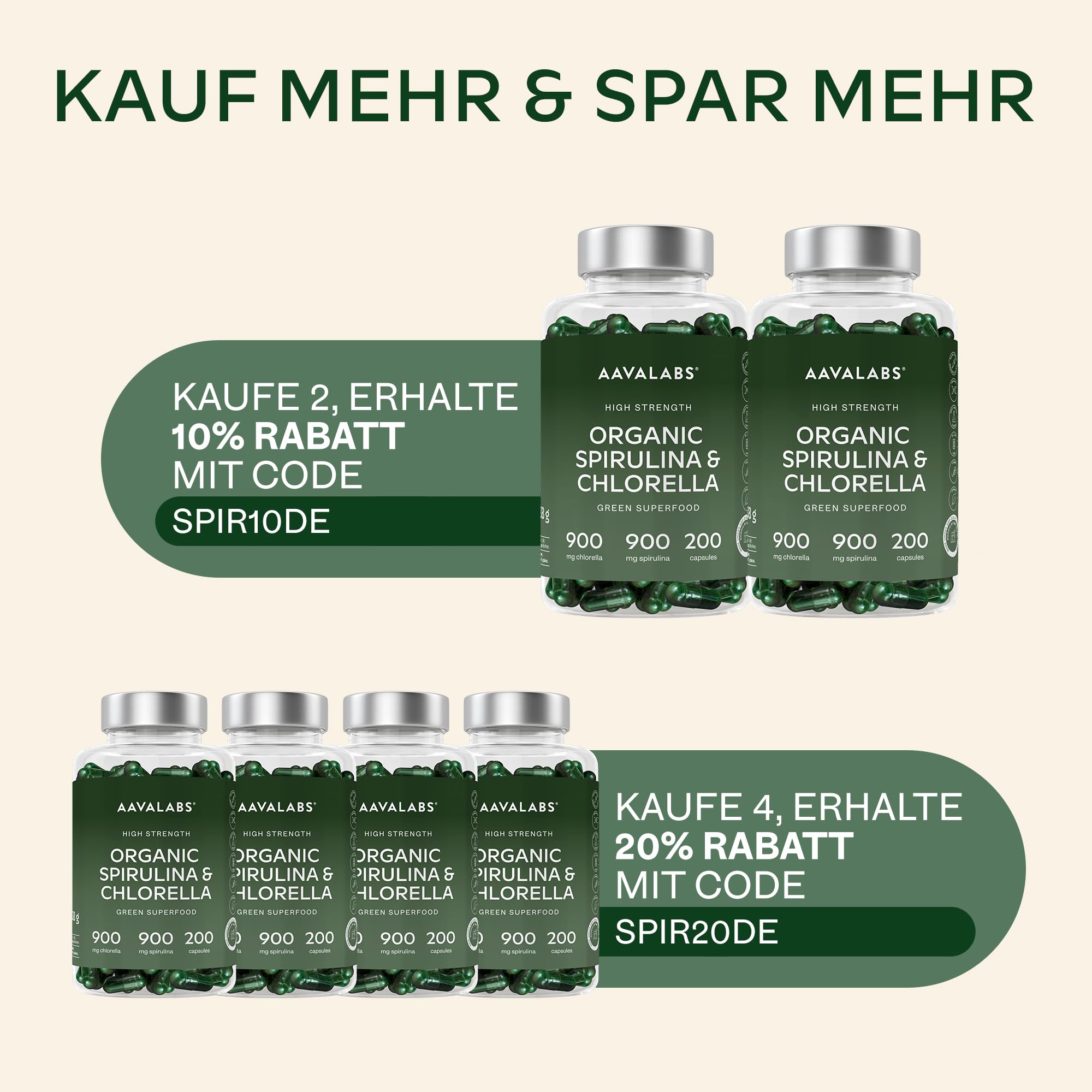 Bio Spirulina Chlorella Algen Kapseln [1800mg pro Dosis] - 200 Spirulina Pulver und Chlorella Pulver Kapseln Hochdosiert, 100% Vegan und Glutenfrei