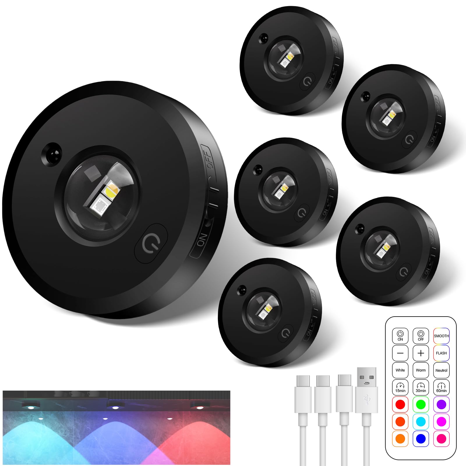 Vicloon Faretto LED alimentato a batteria con telecomando, 3 luci LED RGB per armadio, 16 colori, dimmerabile, con magnete/colla per camera da letto, armadio, cucina