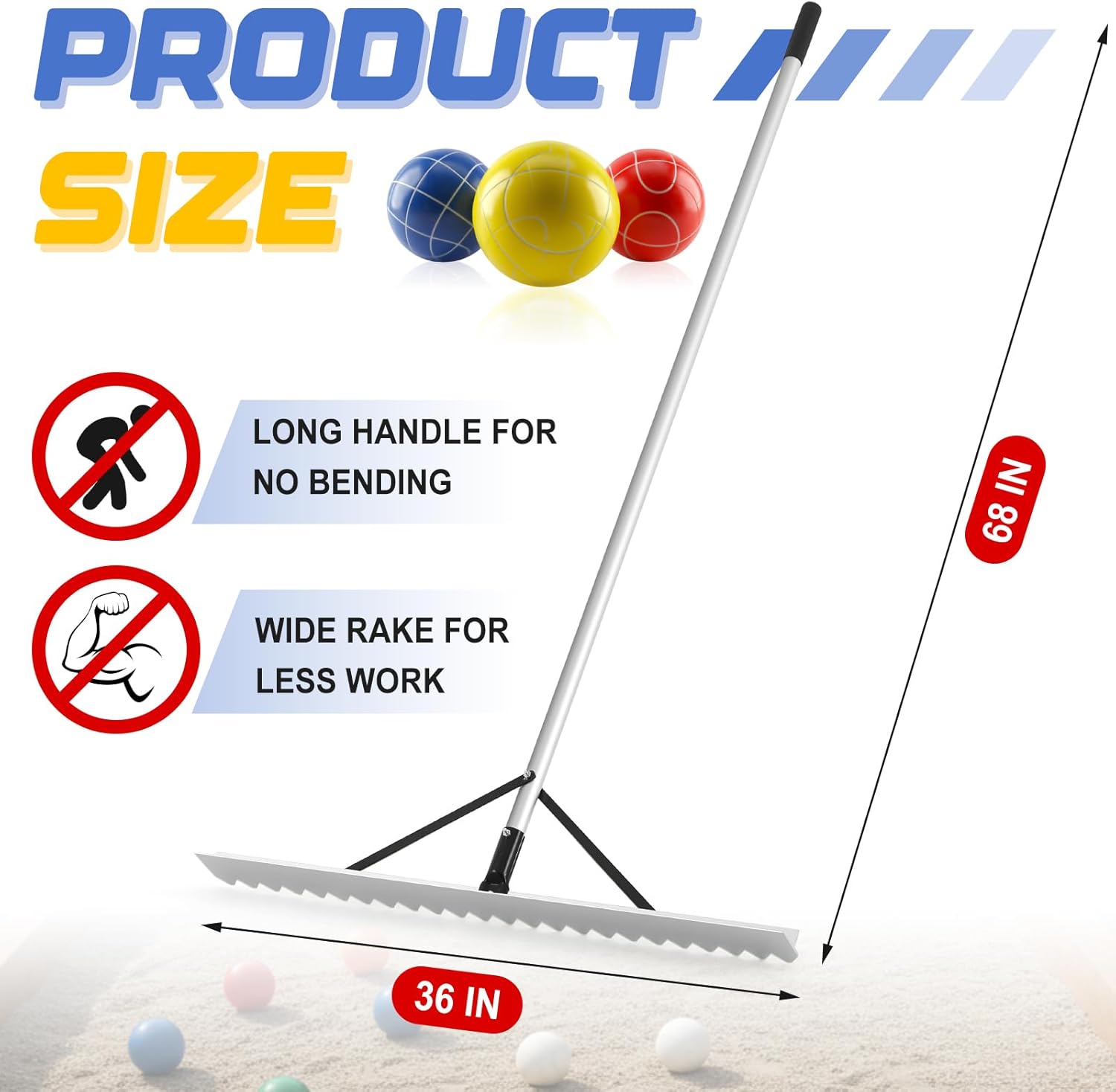 36" Width Bocce Court Rake 2 in 1 Bocce or Tennis Court Scarifier Aluminum Maintenance Rake, Straight Edge for Smoothing/Teeth Side for Scarifying