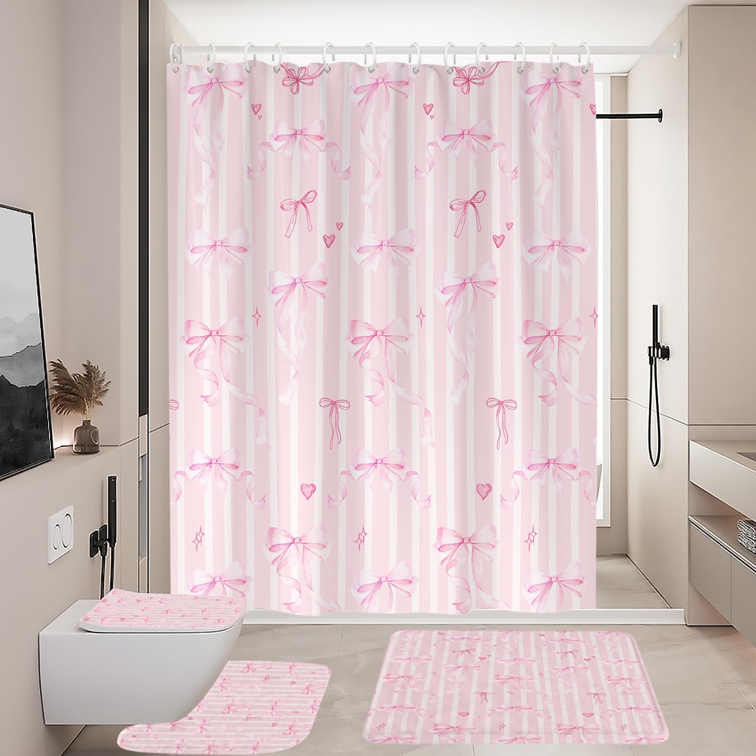 Coxila Pink Bow Shower Curtain Set Cute Fun Girls Girly Kids Preppy Princess Pastel Coquette Aesthetic Toilet Lid Cover U Shaped Bath Mat 4 Pcs Decor Bathroom Non-Slip Rug Fabric Polyester 60x72 Inch