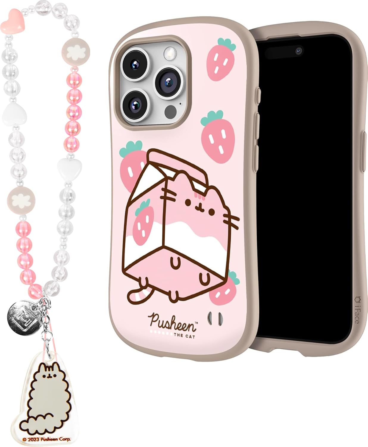 iFace Pusheen Case for iPhone 15 Pro (Strawberry Milk) + Stormy Bead Strap
