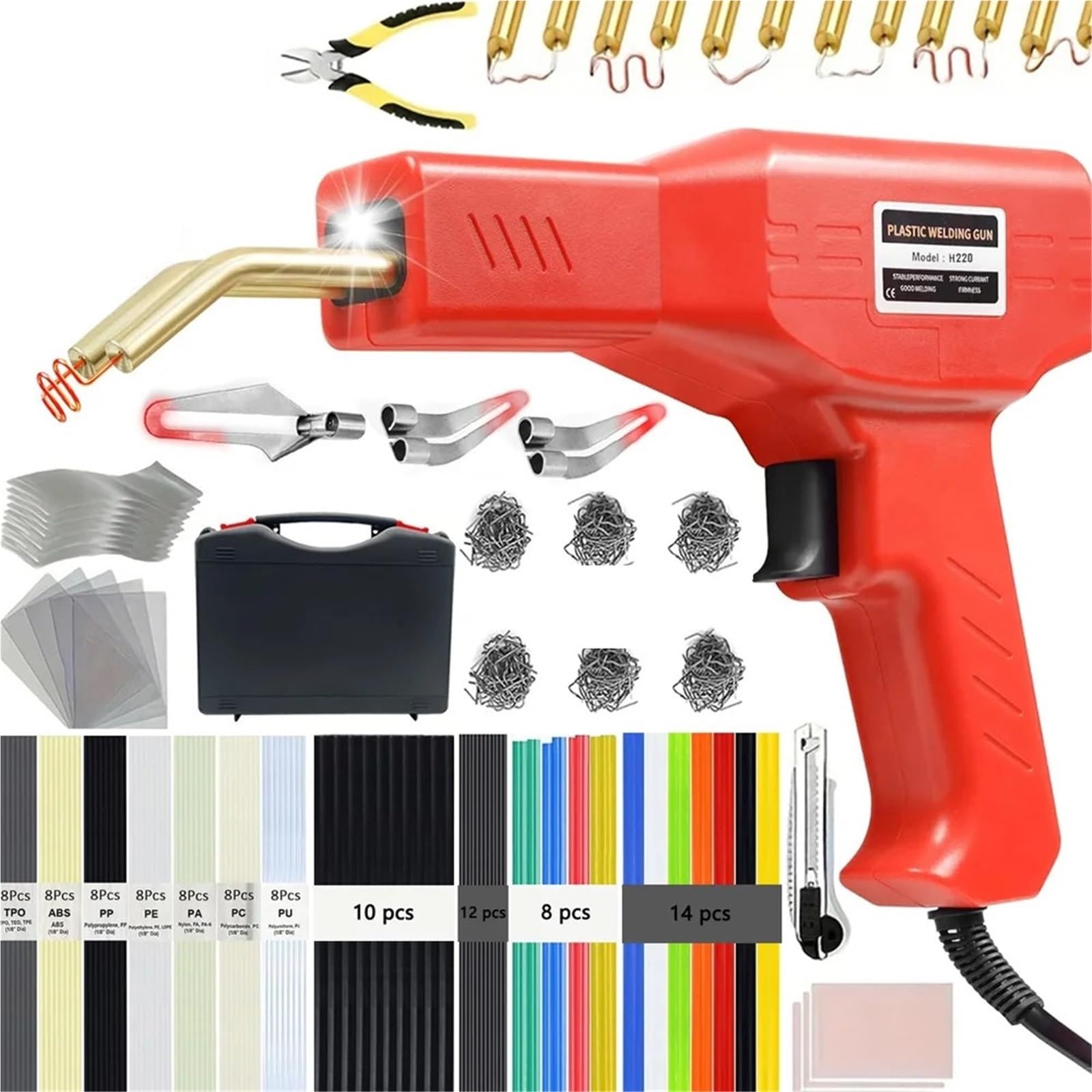 Saldatrice per plastica 220W / 50W Kit di saldatura per plastica 2 in 1, pinzatrice a caldo, pistola per saldatura, kit di riparazione paraurti auto(1325Pcs)