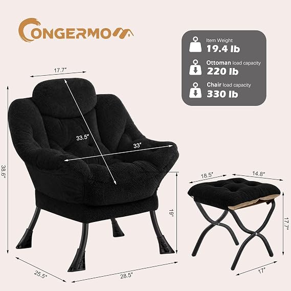 Lazy Chair with Folding Ottoman Leisure Sofa Chair Soft Cloth Armchair with Armrest and Side Pockets Reading Chair with Footrest for Living Room Bedroom Office Plush Black