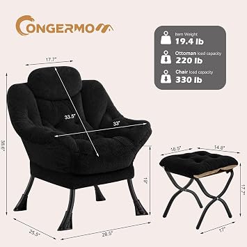 Lazy Chair with Folding Ottoman Leisure Sofa Chair Soft Cloth Armchair with Armrest and Side Pockets Reading Chair with Footrest for Living Room Bedroom Office Plush Black