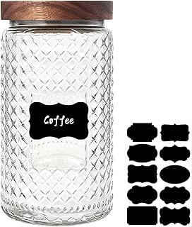 Glass Jar with Wood Lid and Label - 34 OZ Large Airtight Storage Container for Kitchen Pantry Bathroom Countertop, Decorative Vintage Canister for Candy, Cookie, Treat, Sugar, Coffee, Tea, Salt, Flour