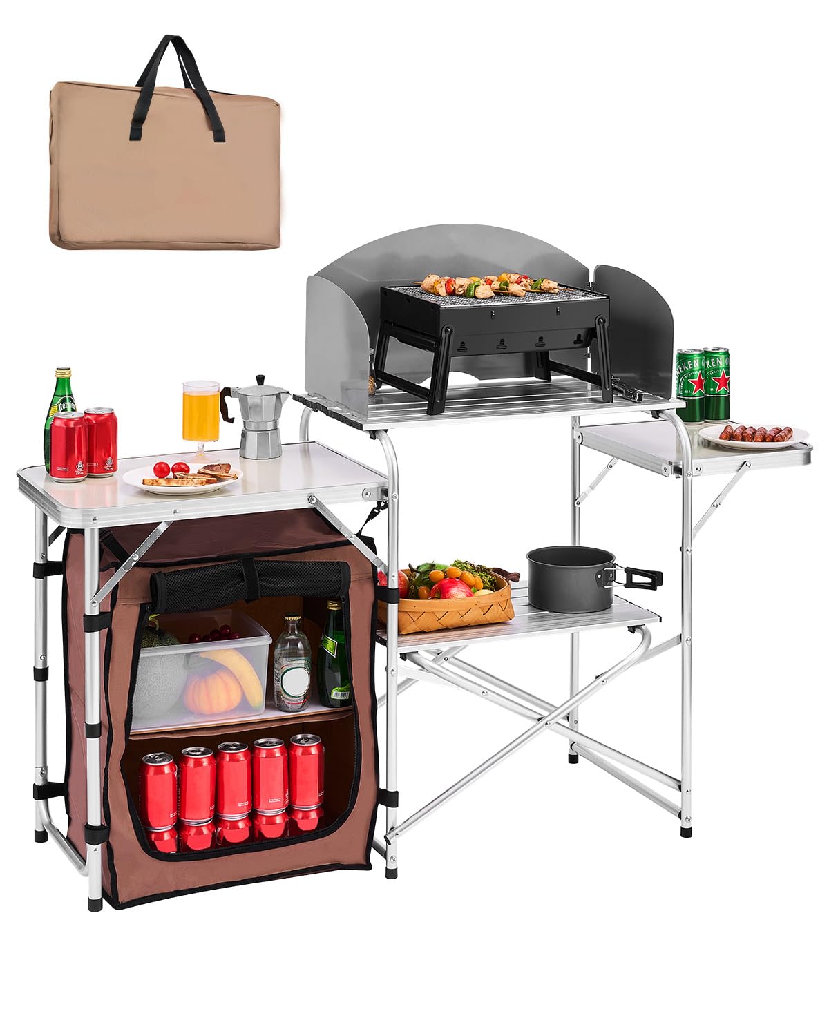 Table de cuisine de camping pliante en aluminium avec placard et pare-brise amovible