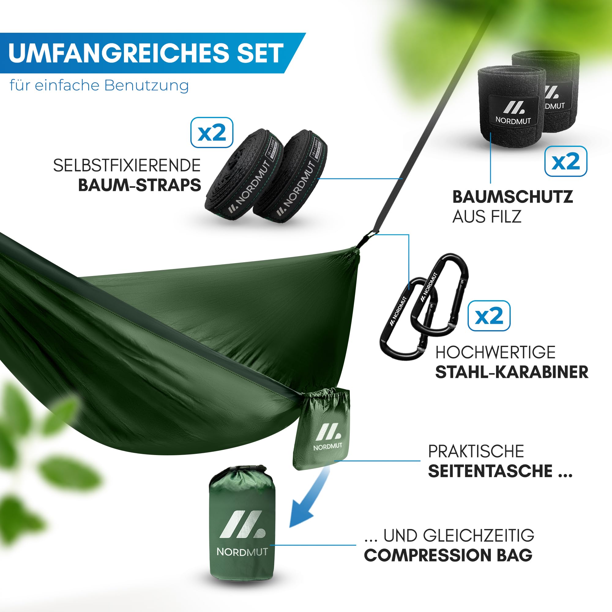 NORDMUT® Ultraleichte Hängematte Outdoor [mit Befestigungs-Set] Camping Hängematte inkl. Baumschutz-Set für Camping, Outdoor und Garten - max. Belastbarkeit 300 kg