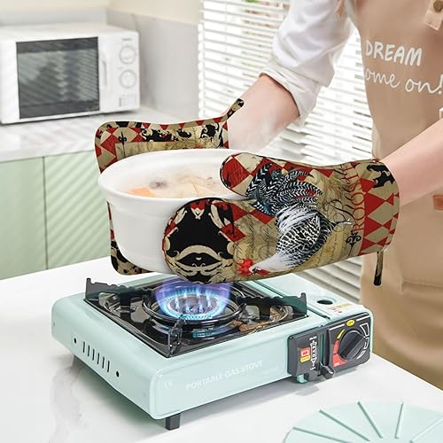 Miniatura 6 de Juego de guantes de horno y soportes para ollas con estampado de gallo, guantes de cocina de gallo, resistentes al calor, 4 guantes de horno,