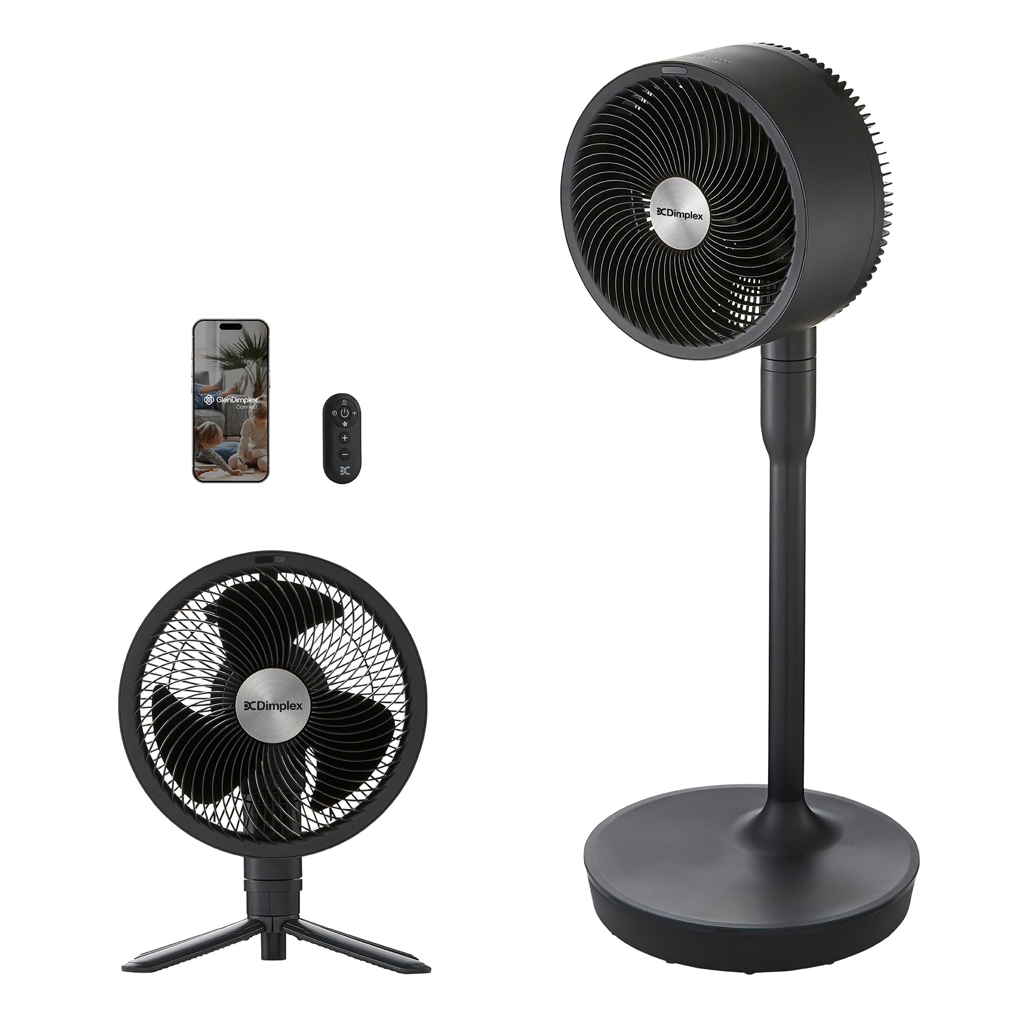 DIMPLEX DUOCOOL Smart Ventilateur sans Fil 2-en-1, Pied & Table, Batterie 45 h, 5 Vitesses + Turbo, 20 m, 36 dB, App, Google Home & Alexa, Télécommande, Noir