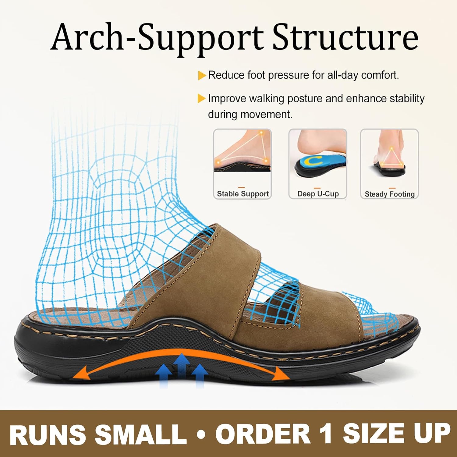 ADMARK Men's Full-Grain Leather Slide Sandals, Adjustable Strap Slip-On with Arch Support & Memory Foam Footbed, Lightweight Comfort for Walking Outdoor Beach (Runs Small, Order 1 Size Up)