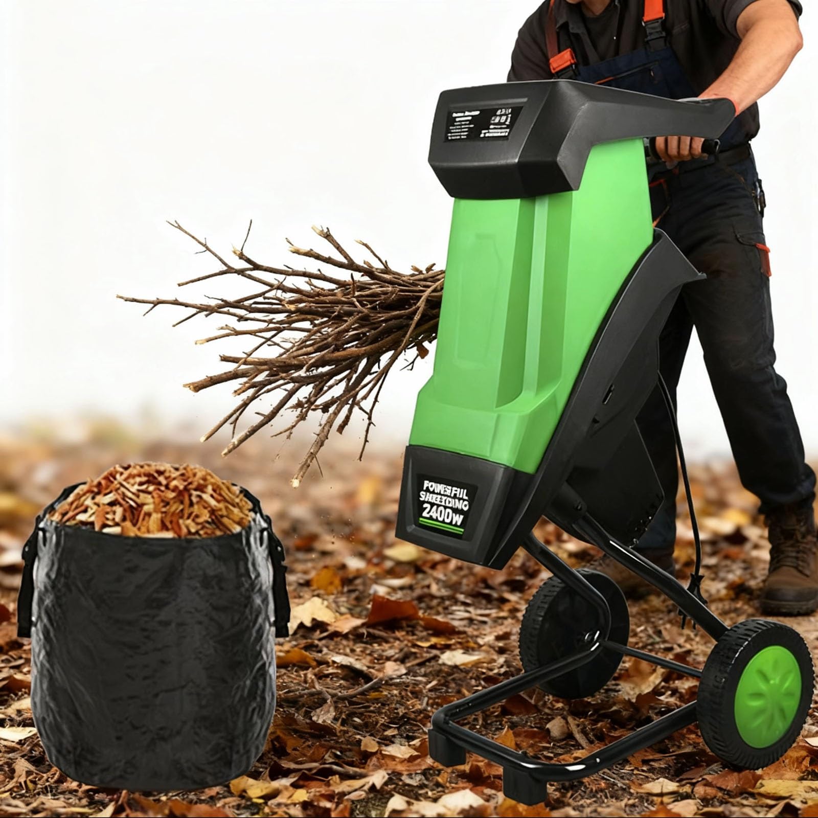 Trituradora de jardín eléctrica de 2400 W, trituradora de madera, trituradora de hojas, tritura hasta 39 mm, bolsa de recolección de 50 L for residuos de jardín, hojas y ramas.