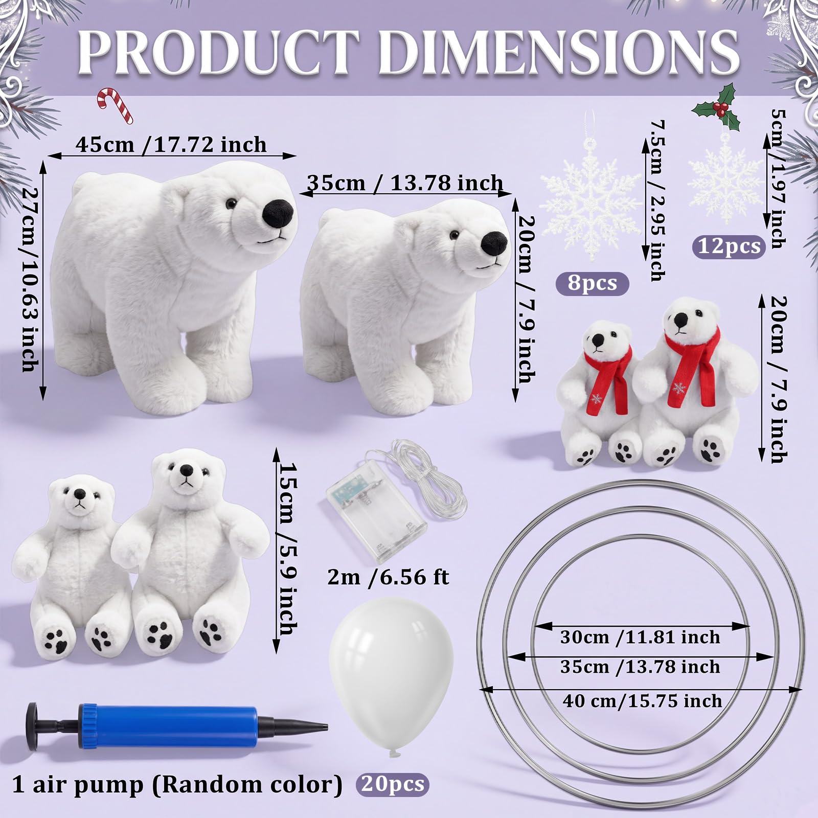 Set di 49 Orsi polari illuminati di Natale, bianco peluche