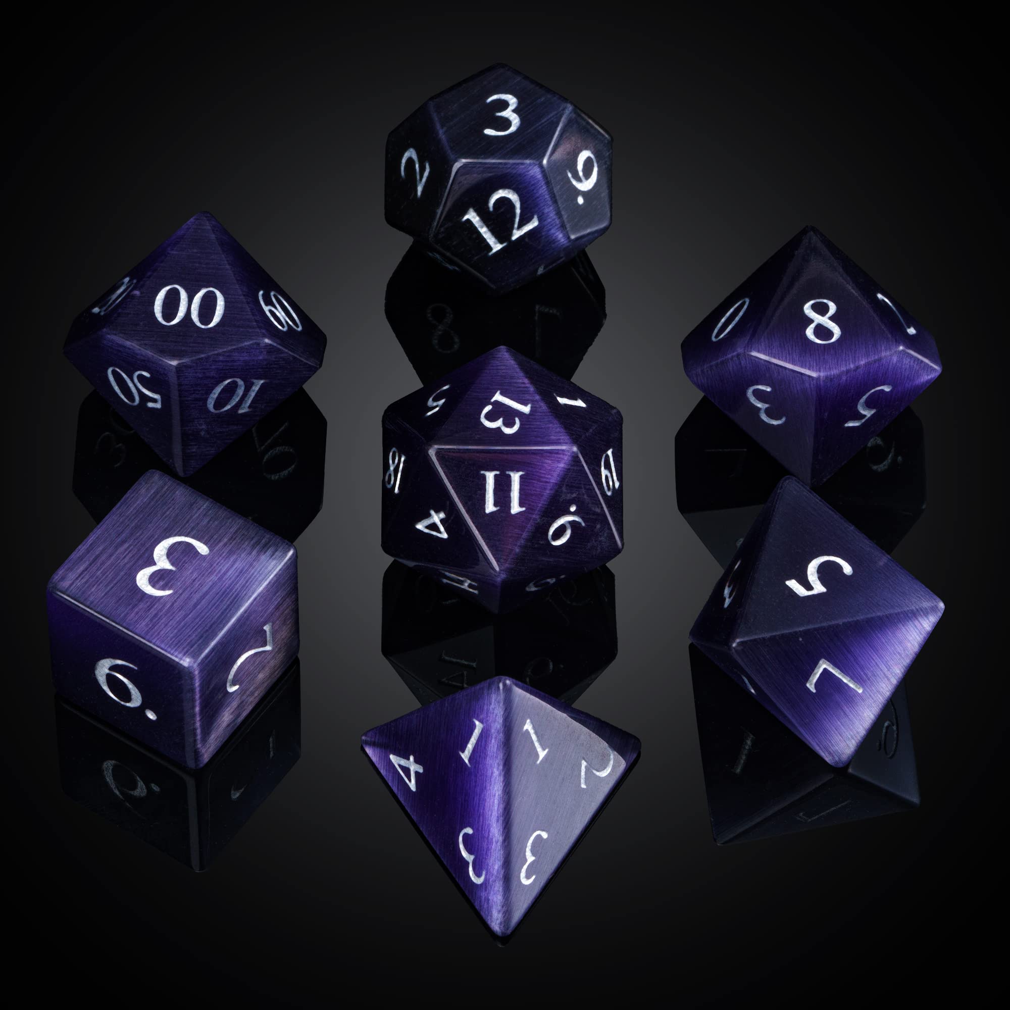 UDIXI Juego de dados de piedras preciosas naturales, 7 dados DND de cristal para mazmorras y dragones, dados D&D hechos a mano para juegos de mesa MTG (ojo de gato morado oscuro)
