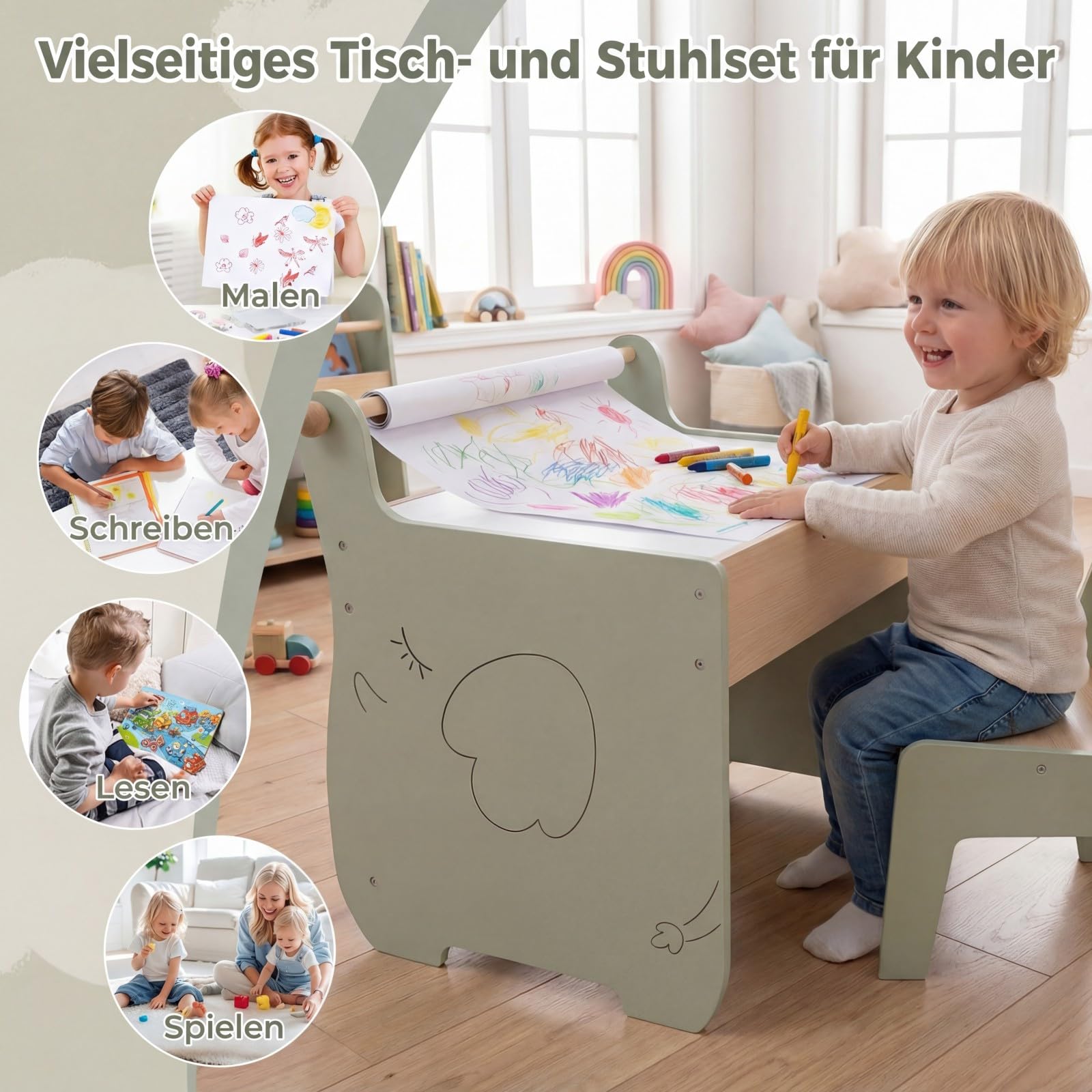 COSTWAY Kindertisch mit Stuhl, 4 in 1 Kindersitzgruppe aus Holz mit wendbarer & abnembarer Tischplatte, Kinder Maltisch mit Stauraum & Papierrollenhalter, Sitzgruppe für Kinder ab 3 Jahren