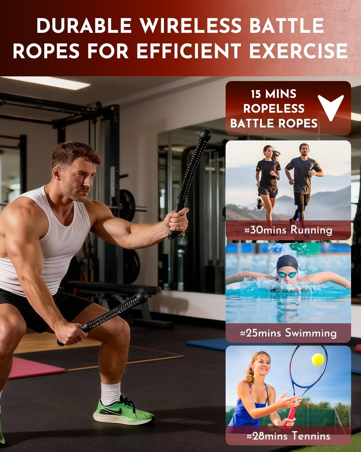 Ropeless Cordless Portable Battle Ropes for Home Gym,Adjustable Weight Z-Rope,Workout Equipment Weighted,Exercise Strength Training,No Endless Jump Rooes,Fitness Working Flex Springs Sticks(Black)