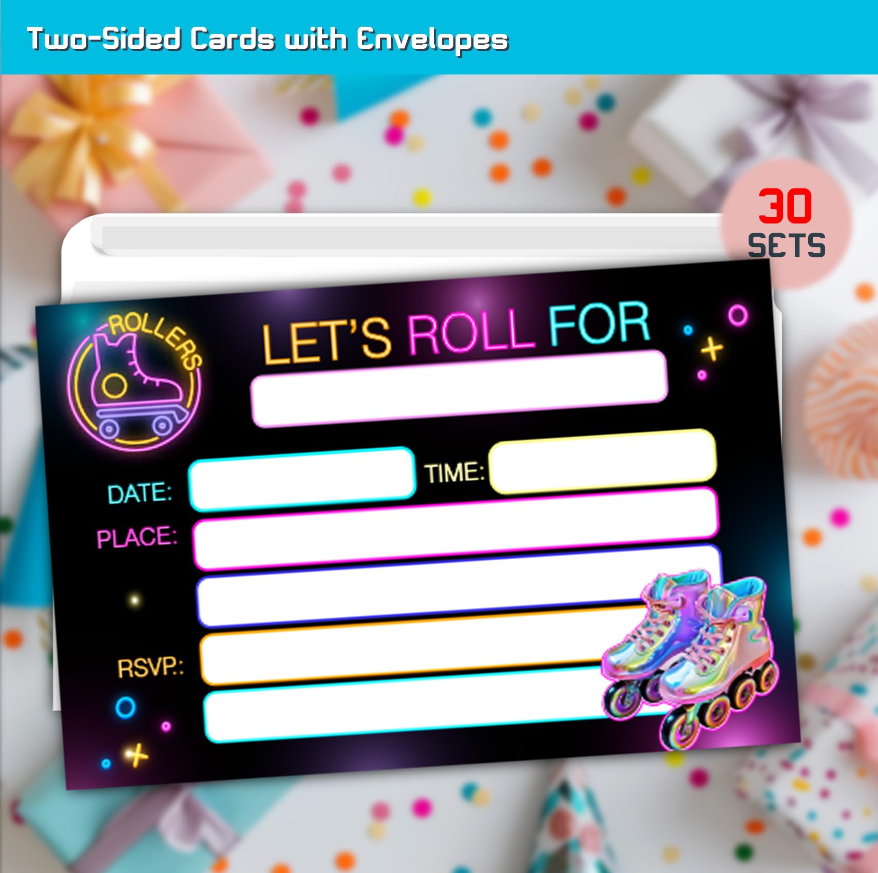 XIAOPNN Neon Roller Skating Birthday Party Invitation for Girls, Kids Ice Skates Birthday Party Supplies, 30 Cards With 30 Envelopes